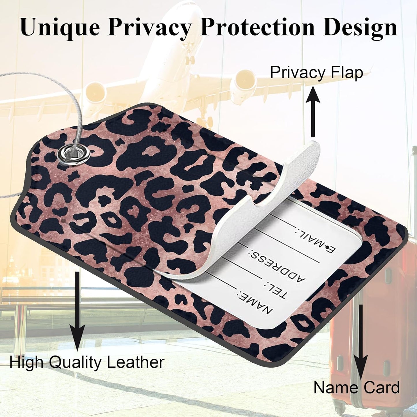 Set of 2 Luggage Tags for Suitcases, Leather Abstract Leopard Pink Metallic Foil Texture Baggage Tags with Stainless Steel Loop, Privacy Name ID Card Cover Travel Labels for Women Men