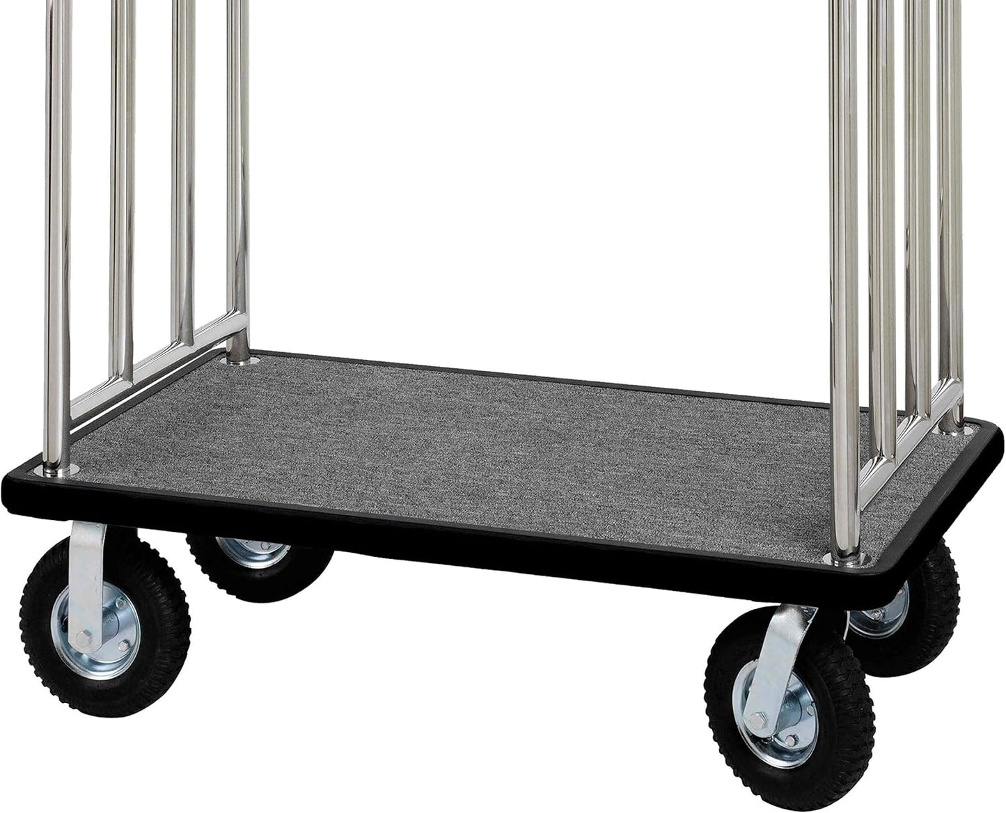 Stainless Steel Luggage Cart w/Rubber Wheels – Hotel Cart Carrier for Travel, Airport, Resorts, Events – Valet Bellman Cart w/Carpeted Deck, Welded Steel Frame - 1000 LB