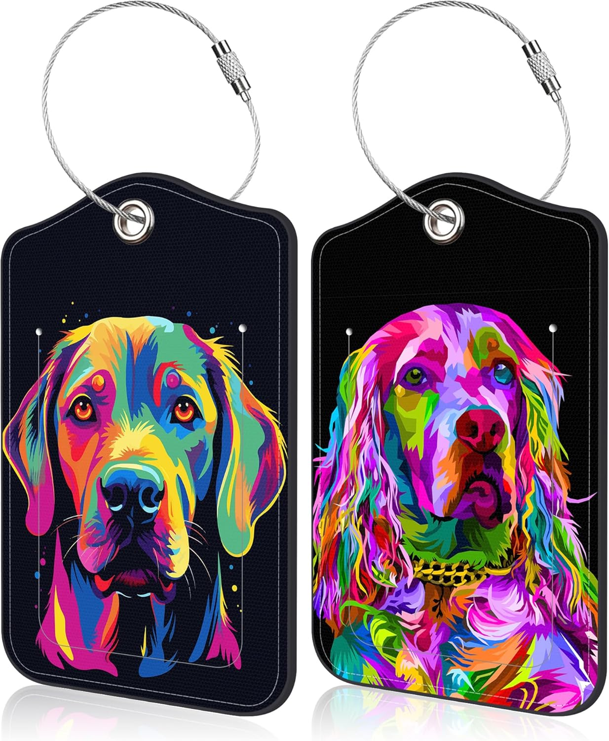 2 PCS Cute Dog Luggage Tag for Suitcase Colorful Cocker Spaniel Dog Leather Suitcase Tags with Name Address Card Label Privacy Cover and Stainless Steel Loop for Women Men