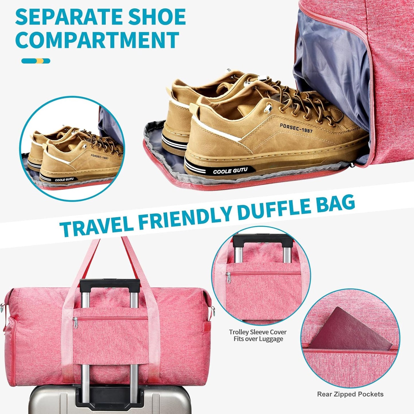 For Spirit Airlines Personal Item Bag 18x14x8, Foldable Small Travel Duffel Bags Gym Duffle Weekender Overnight Carry on Luggage Bag with Wet Pocket & Shoe Compartment for Women Men(Pink, 30L)