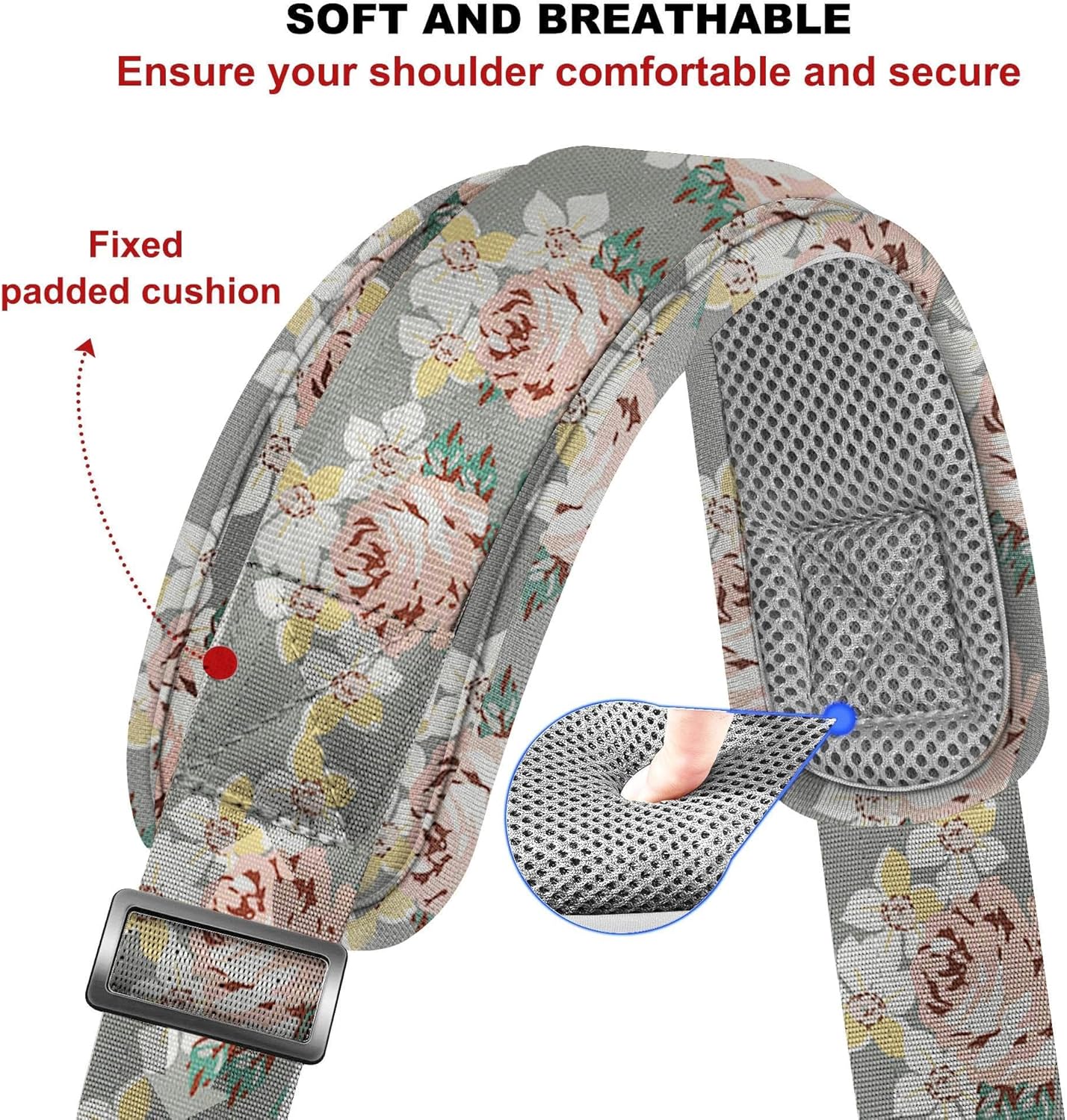 ZINZ 60" Universal Bag Strap with Ultra-Thick Fixed Breathable Pad Adjustable Heavy-Duty Shoulder Strap for Laptop Bag Crossbody Luggage Gym Bag Camera Bag and More,Gray Flower