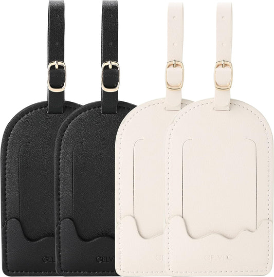 Faux Leather Luggage Tags for Suitcase Tag Set Privacy Protection with Identifie Name Lable ID Card Baggage tag for Men Women Travel Accessories, 2/4 Pack (LT07-Black*2+White*2)