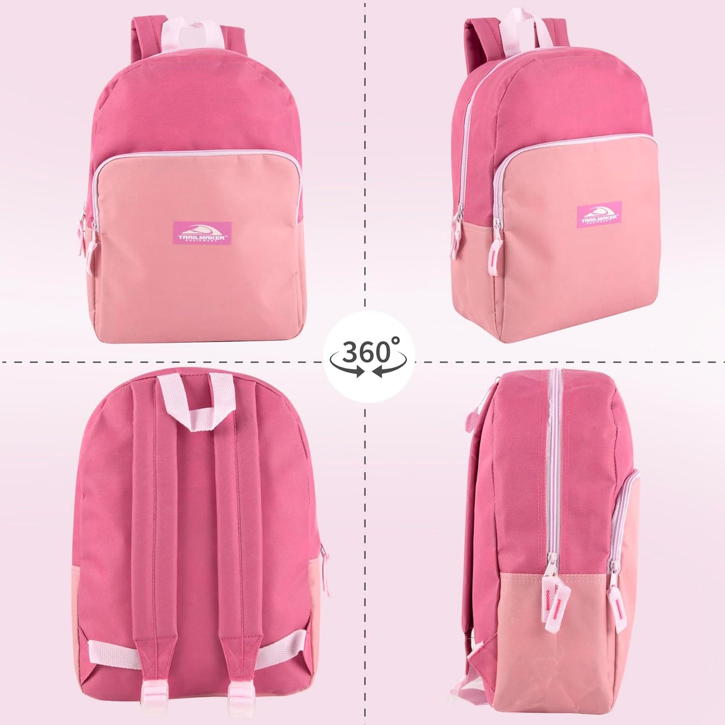 Color Block Backpacks for School Boys and Girls, 15 Inch Two Tone Colorful Small Travel Backpack for Kids (Pink)