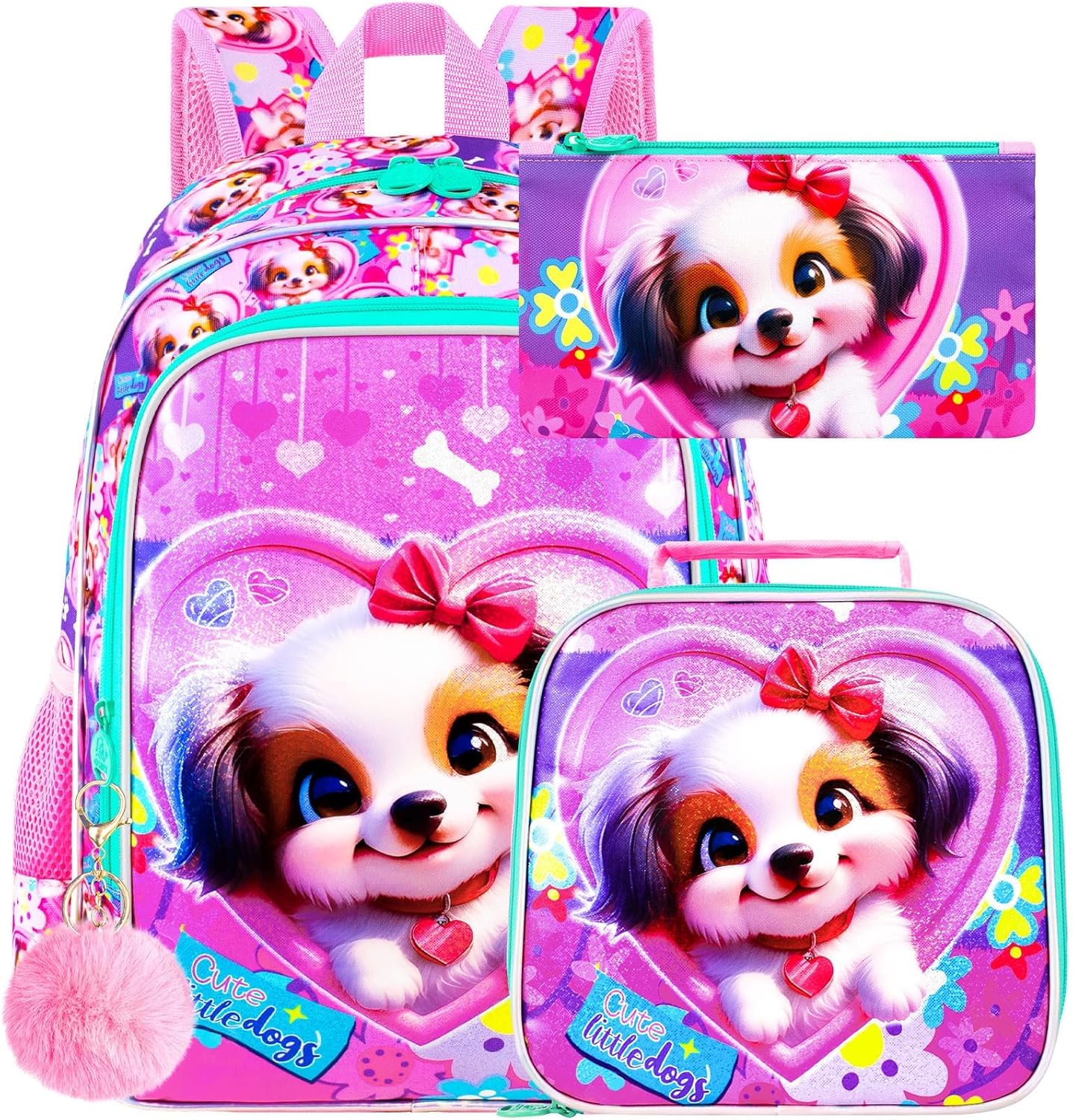 3PCS Girls Backpack, Kids Water Resistant Heart Bookbag Set with Lunch Box, Cute Kids School Bag for Preschool Toddler