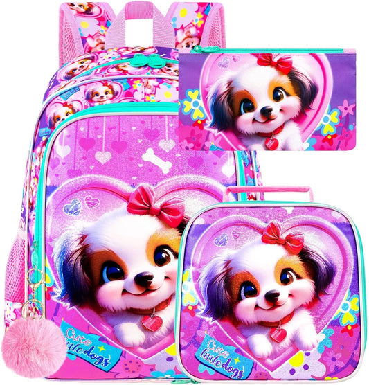3PCS Girls Backpack, Kids Water Resistant Heart Bookbag Set with Lunch Box, Cute Kids School Bag for Preschool Toddler
