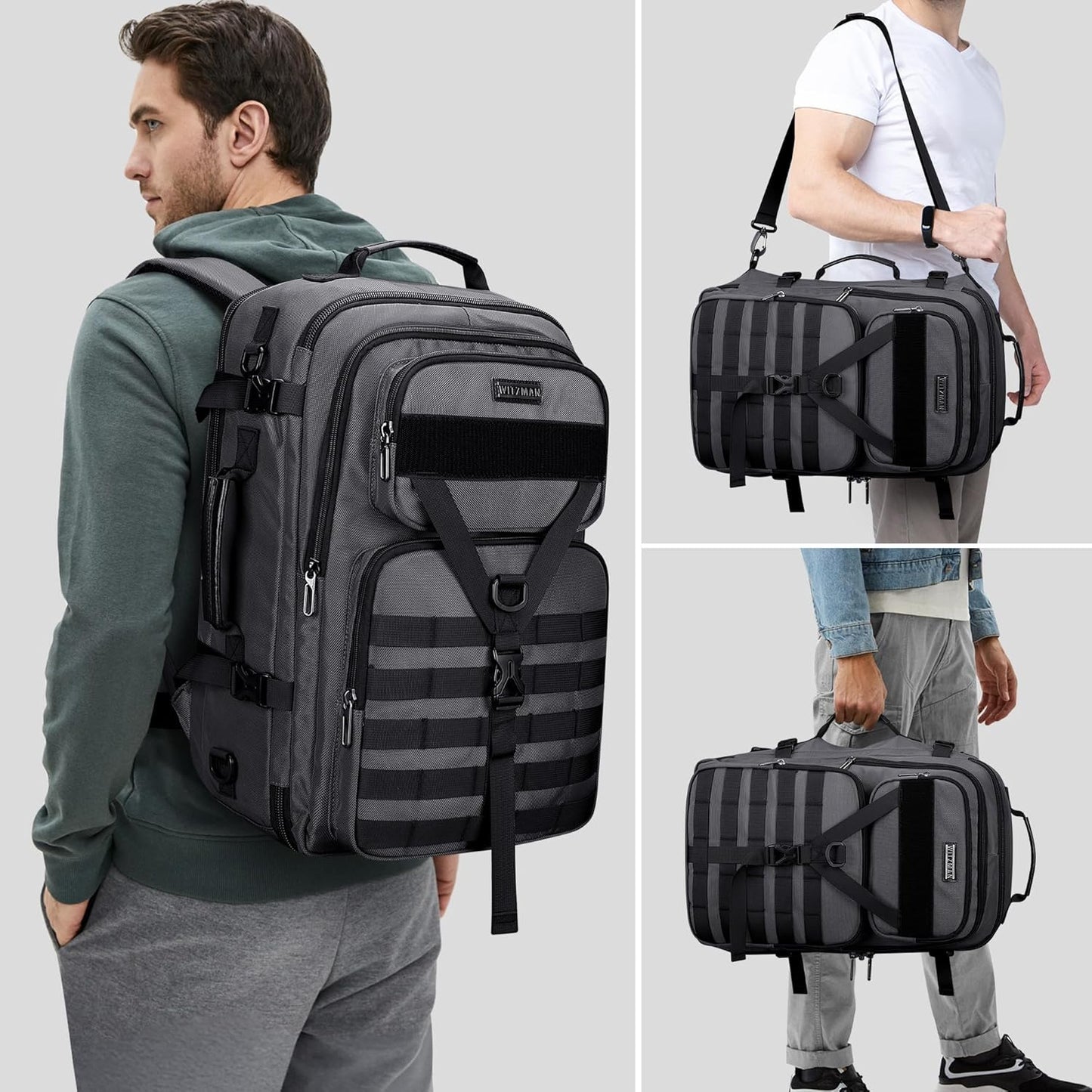 WITZMAN Carry On Travel Backpack for Men Large Convertible 45L Fit 17 Inch Laptop Backpack 3 in 1