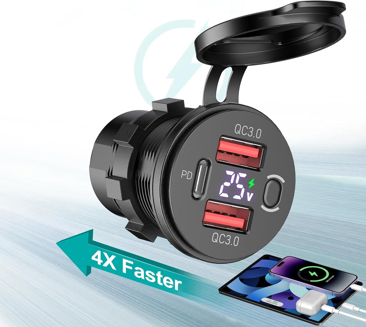 USB Outlet 3 Port Car Charger, USB C Car Charger Quick Charge, PD & QC USB Port for Car, USB C Cigarette Lighter Replacement 12V-24V Socket for Motorcycle RV Car Boat Marine Truck (2QC+PD Black)