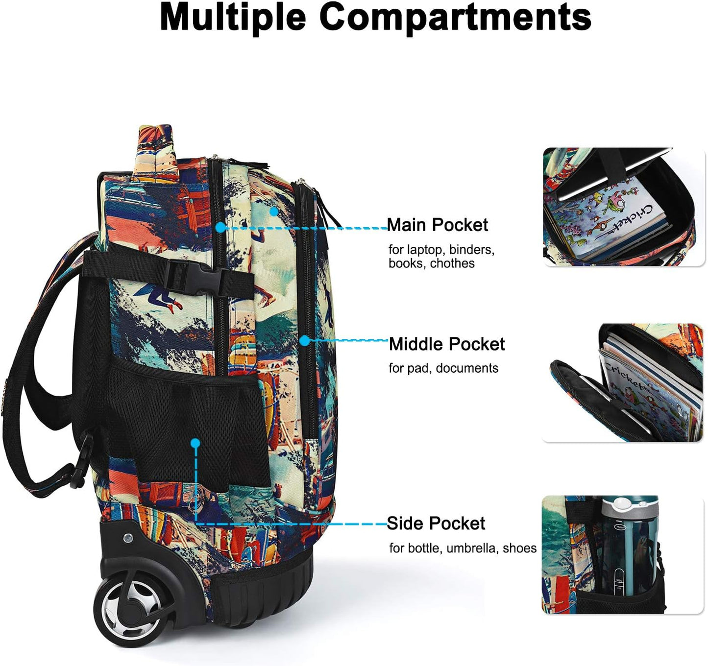 Tilami Rolling Backpack 19 inch Wheeled Cute LAPTOP Boys Girls Travel School Student Trip,Surfing
