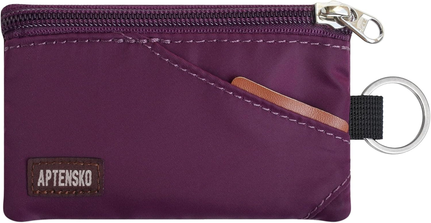 RFID Travel Wallet with Adjustable Lanyard-Zipper Small Wallet with ID Card Holder, Keychain for women&men-Minimalist Slim Waterproof Nylon case for ID, Cash, Key (Plum Wine)