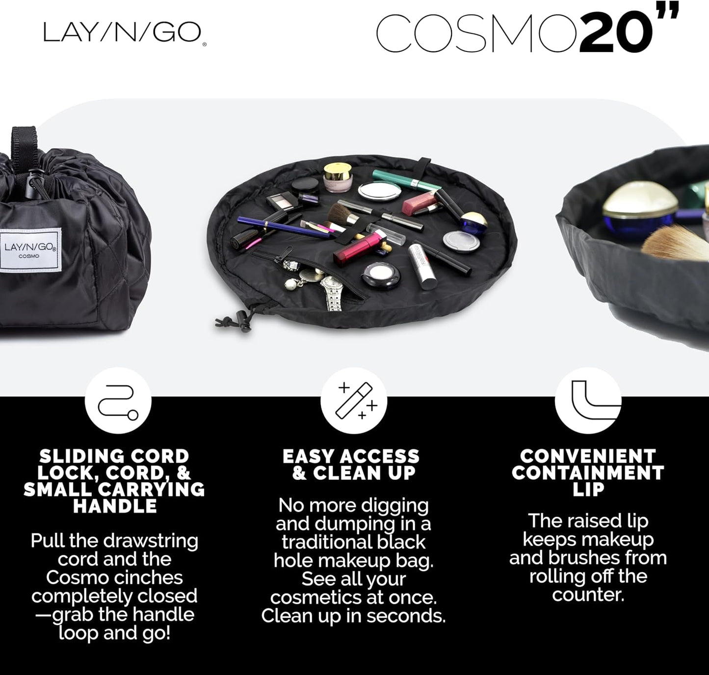 Lay-n-Go Cosmo Layflat Drawstring Cosmetic & Makeup Bag Organizer - Portable Drawstring Bag