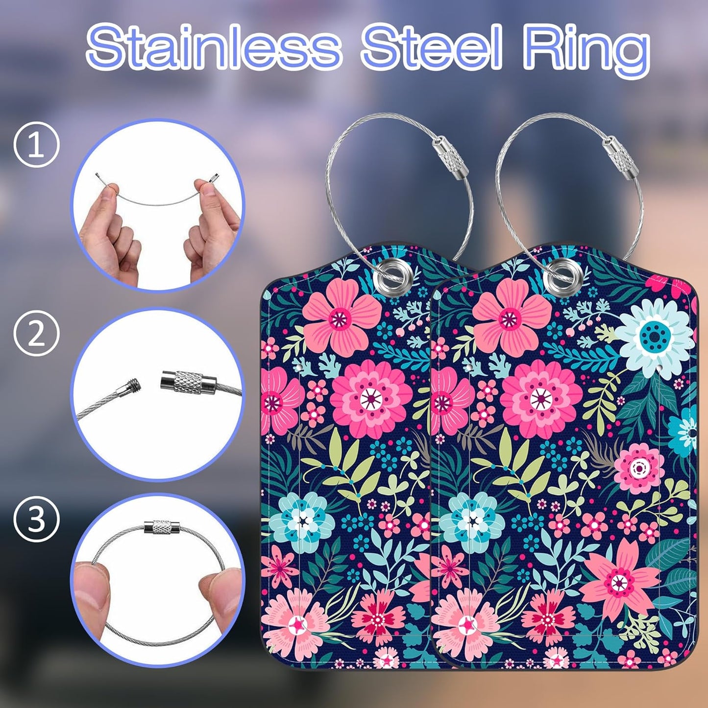 2 Pack Luggage Tags for suitcases Colorful Flowers Leather Luggage Tag, Identifiers with Privacy Name ID Label and Metal Loop for Men Women Travel Bag Suitcase