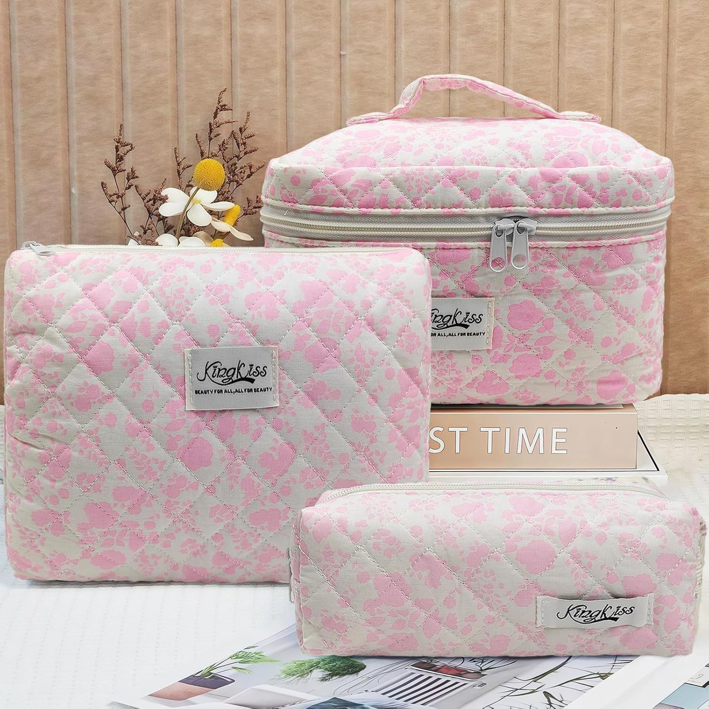 Quilted Makeup Bag, Large Capacity Travel Cosmetic Bag for Women and Girls, Aesthetic Storage for Daily and Travel Use (3pcs-Pink orchid)