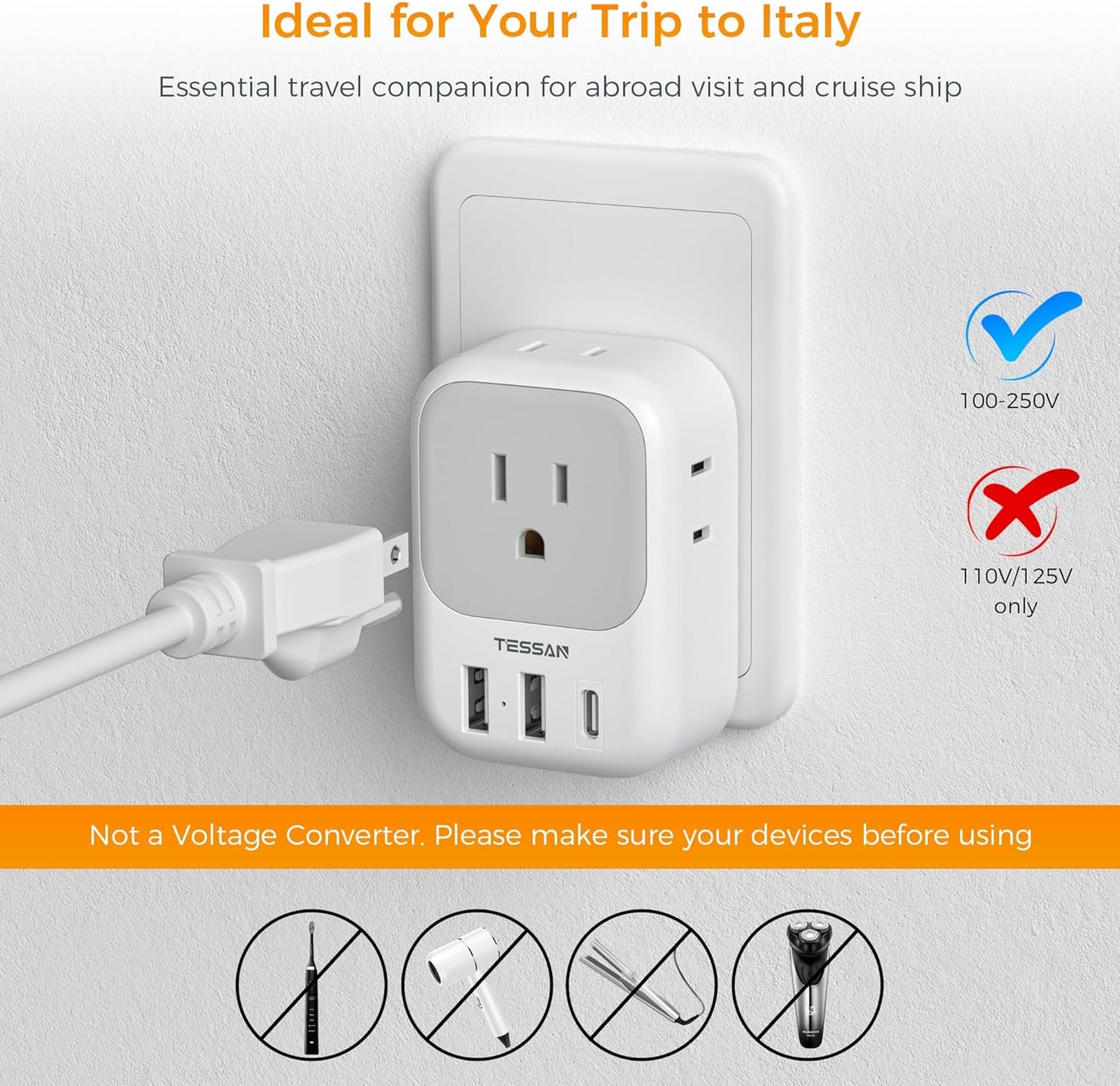 Italy Travel Plug Adapter, TESSAN Type L Adapter for Travel with 4 Outlets 3 USB Ports (1 USB-C), Power Adaptor for US to Italy Chile Rome Uruguay Milan Libya