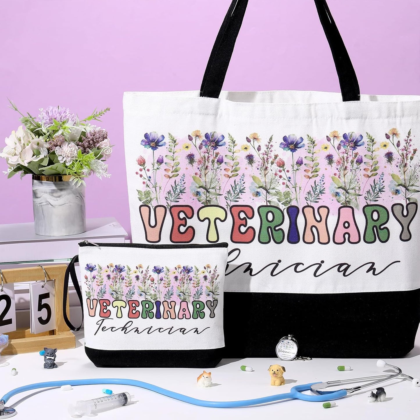 Kacctyen 3 Pcs Veterinary Appreciation Gifts Veterinarian Tote Bag Makeup Cosmetic Bag Vet Thank You Keychains for Female Women Assistant Student Women Birthday Christmas