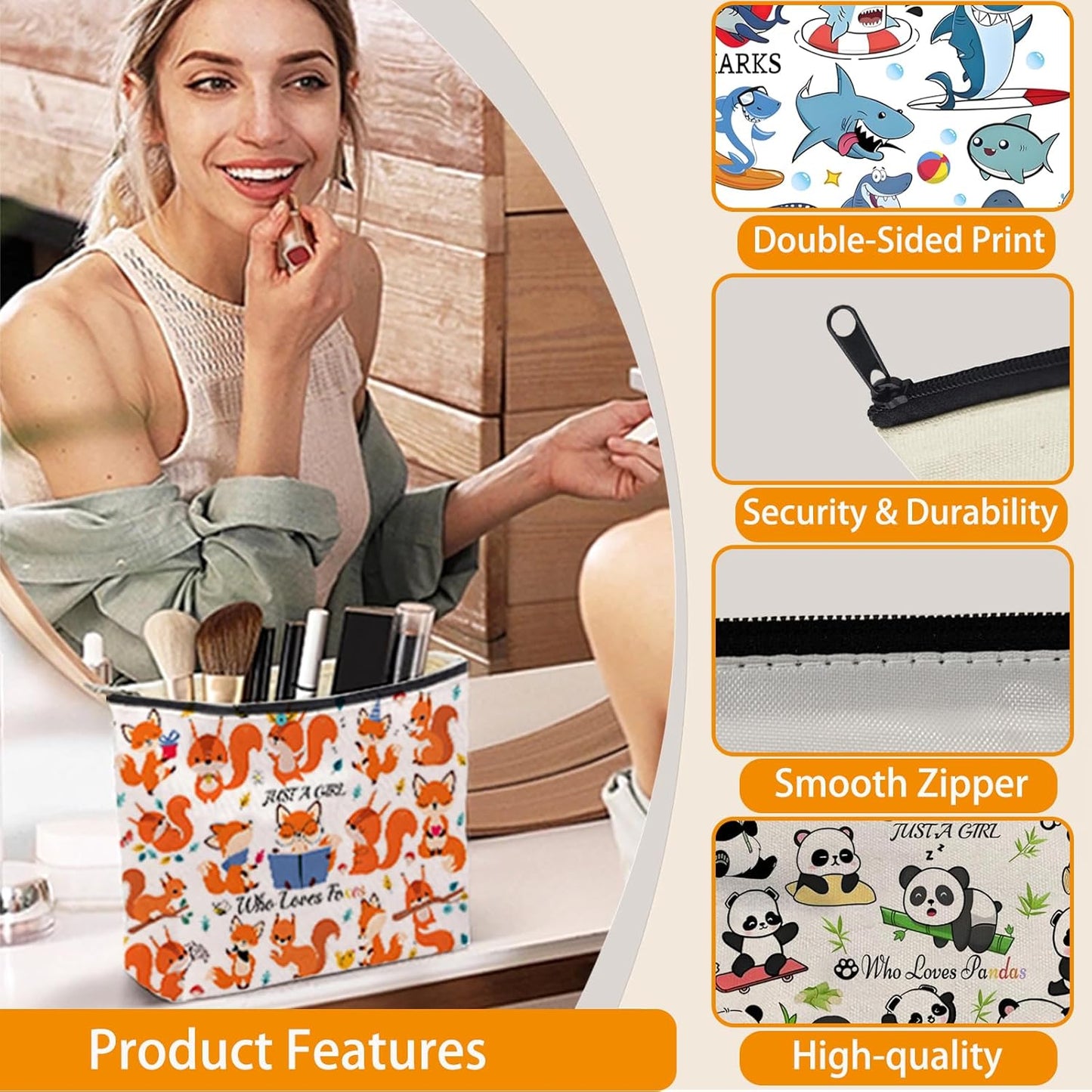 DOOX Fox Makeup Bags with Lining, Funny Cosmetic Bags Pencil Pouch - Double-Sided Print - Cute Birthday & Christmas Fox Gifts for Daughter, Sister, Women