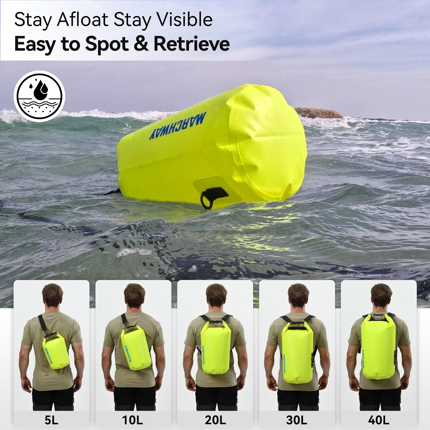 MARCHWAY Floating Waterproof Dry Bag Backpack 5L/10L/20L/30L/40L, Roll Top Sack Keeps Gear Dry for
