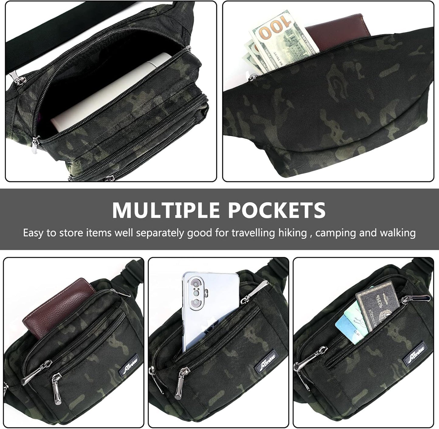 Waist Pack Bag Fanny Pack for Men&Women Hip Bum Bag with Adjustable Strap for Outdoors Workout Traveling Casual Running Hiking Cycling (Black Camo)