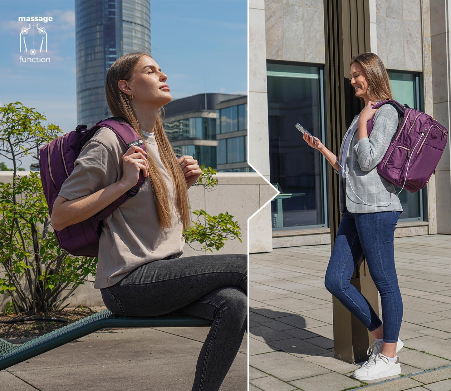 Swissdigital Design Massage Backpack for Women, Fits 15.6” Laptop, USB-A Charging, Commute, Short hual travel with Built-In Shoulder Massager, Purple l KATY ROSE