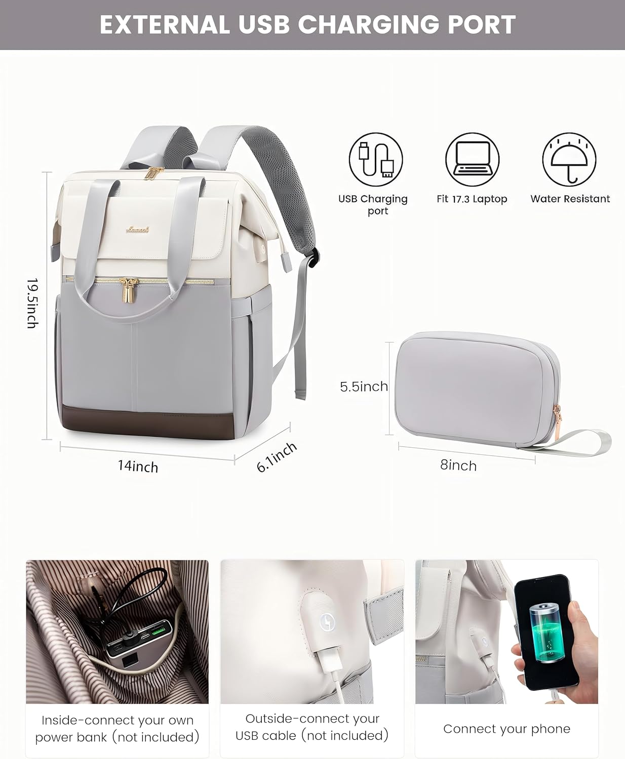 LOVEVOOK 17.3 Inch Laptop Backpack for Women, Large Capacity Travel Backpack with Organizer Bag, Waterproof Carry on Backpack Work Bag with USB Port, Teacher Nurse Backpack Purse,2PCS,Beige-Light Grey