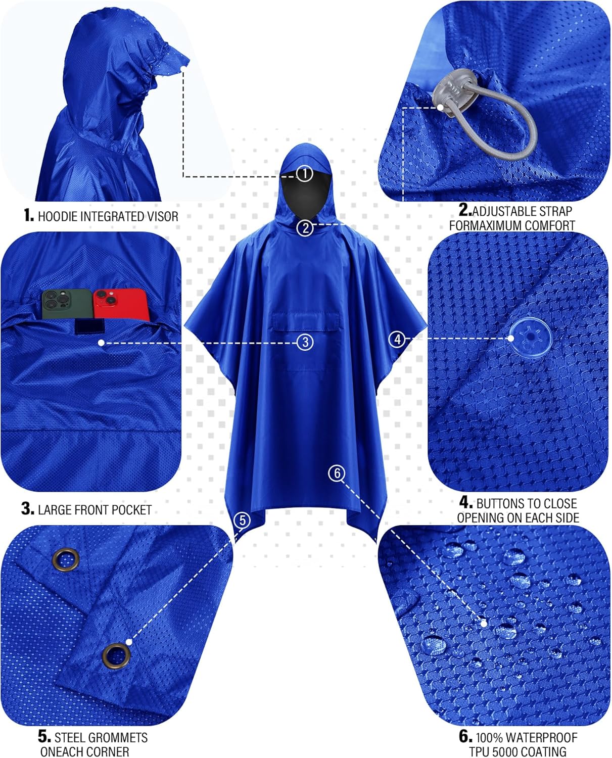 iCreek Hooded Rain Poncho Packable Unisex Raincoat Jacket with Pocket Waterproof Lightweight for Hiking, Camping, Outdoor