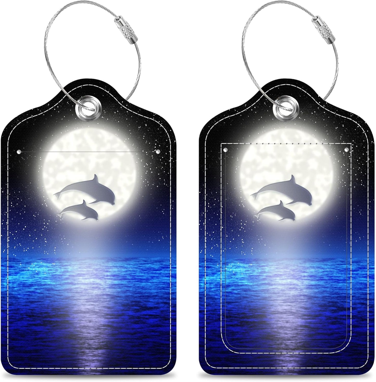 Set of 2 Luggage Tags Pair Jumping Dolphin on The Night Leather Suitcases Tag with Privacy Cover Stainless Steel Loop and Address Card for Women Men Travel