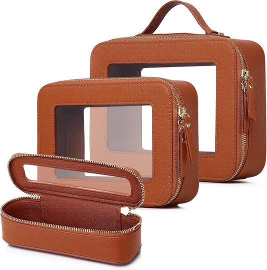 Travel Makeup Set Waterproof Transparent Cosmetic Bag and Toiletry Bag Makeup Brush case with Zipper Car Essentials for Women (Brown, L+M+SLIM)
