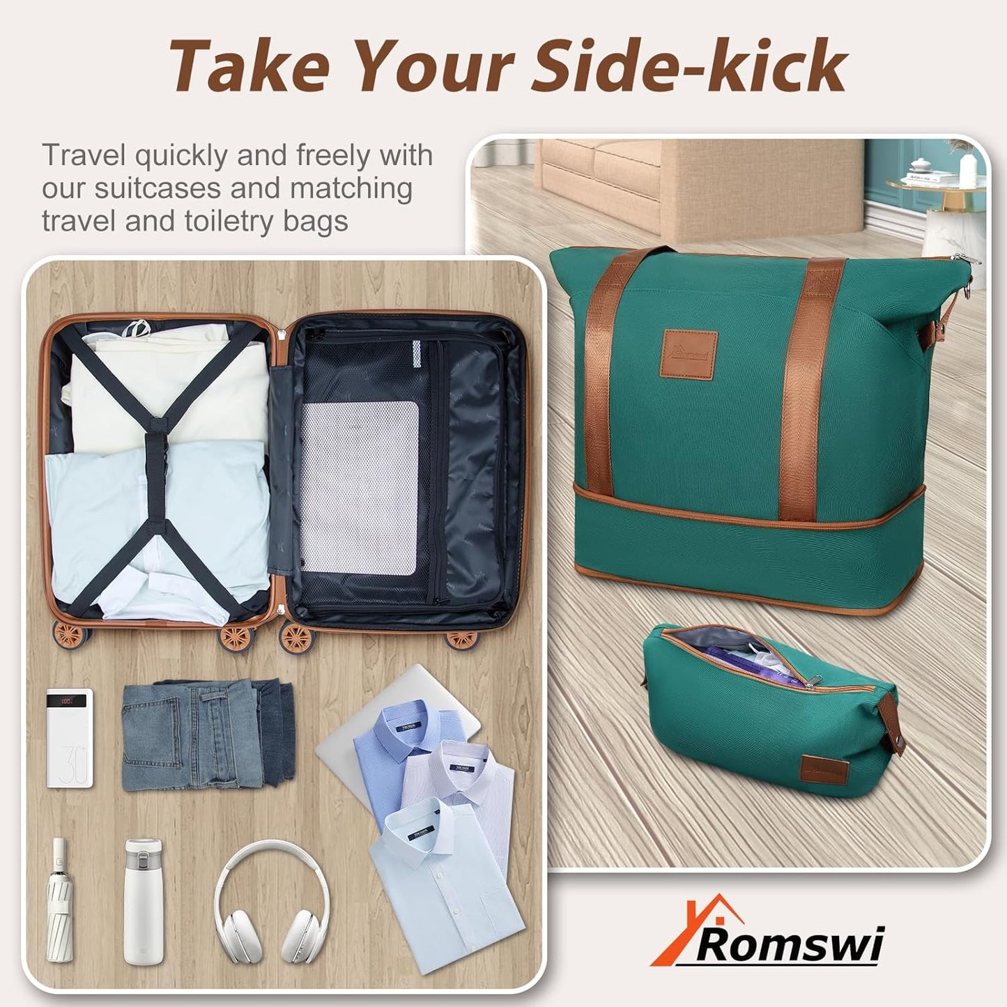 Romswi Luggage Set 3 Piece, Hardside 20 inch Carry On Luggage Airline Approved ABS+PC Suitcase with 22inch Duffel Bags, Green, Luggage Set (DB/TB/20) with Dual Spinner Wheels TSA Lock