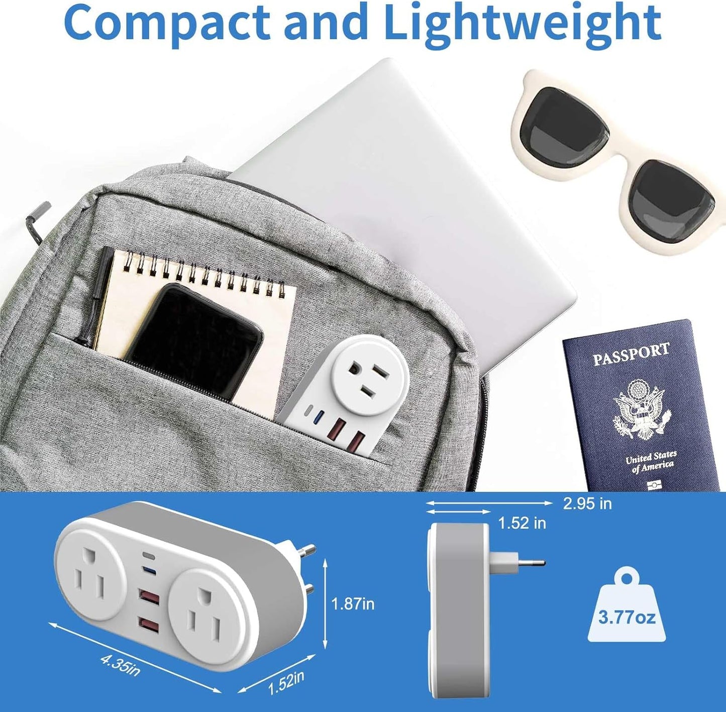 2 Pack European Travel Plug Adapter, CHUAFIUR US to Europe Plug Adapter with 2 Outlets 3 USB Charging Ports, PD 20W Fast Charger with Type C Travel Essentials to Most EU Spain Italy France Germany