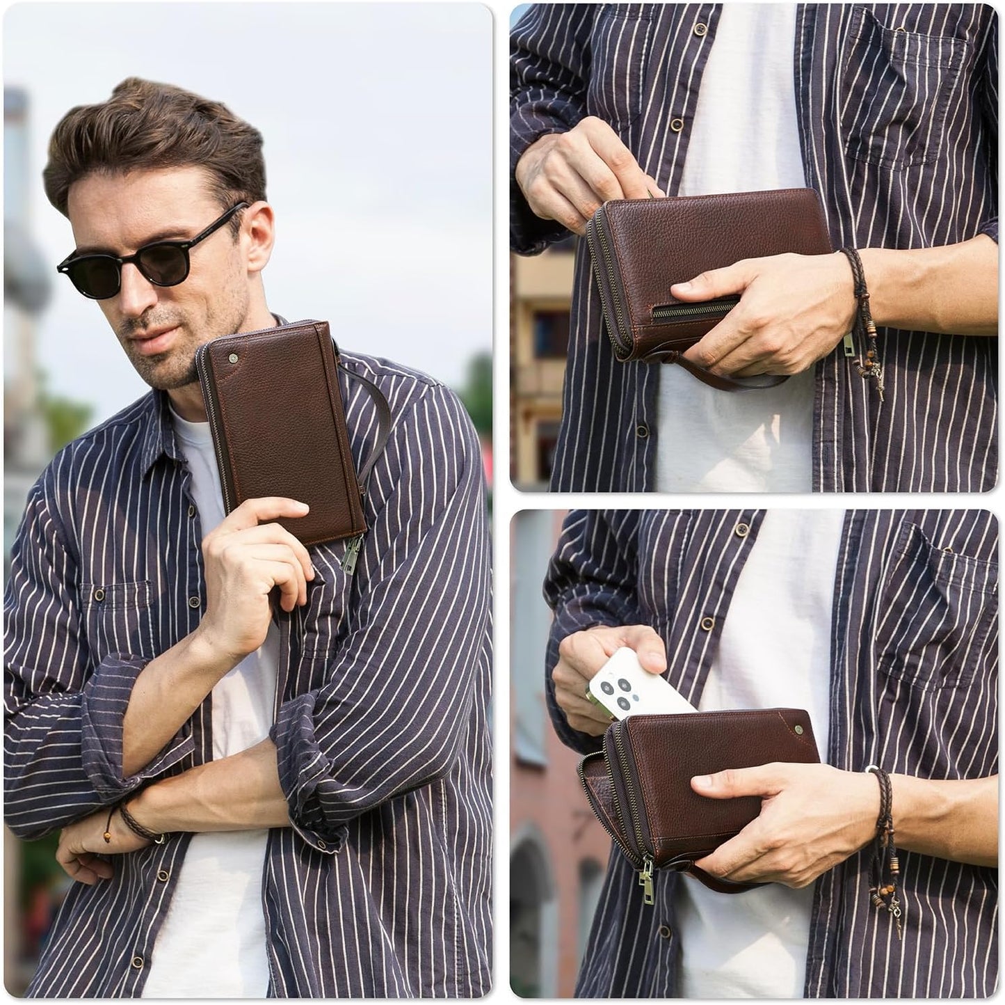Top Grain Genuine Leather Zipper Clutch Wallet for Man & Woman, Handmade Vintage Design, Multi Slots & Side Pocket & Strap, RFID Large Capacity for Cards/Checks/Passports/Phone/Pen/AirTag, Red Coffee