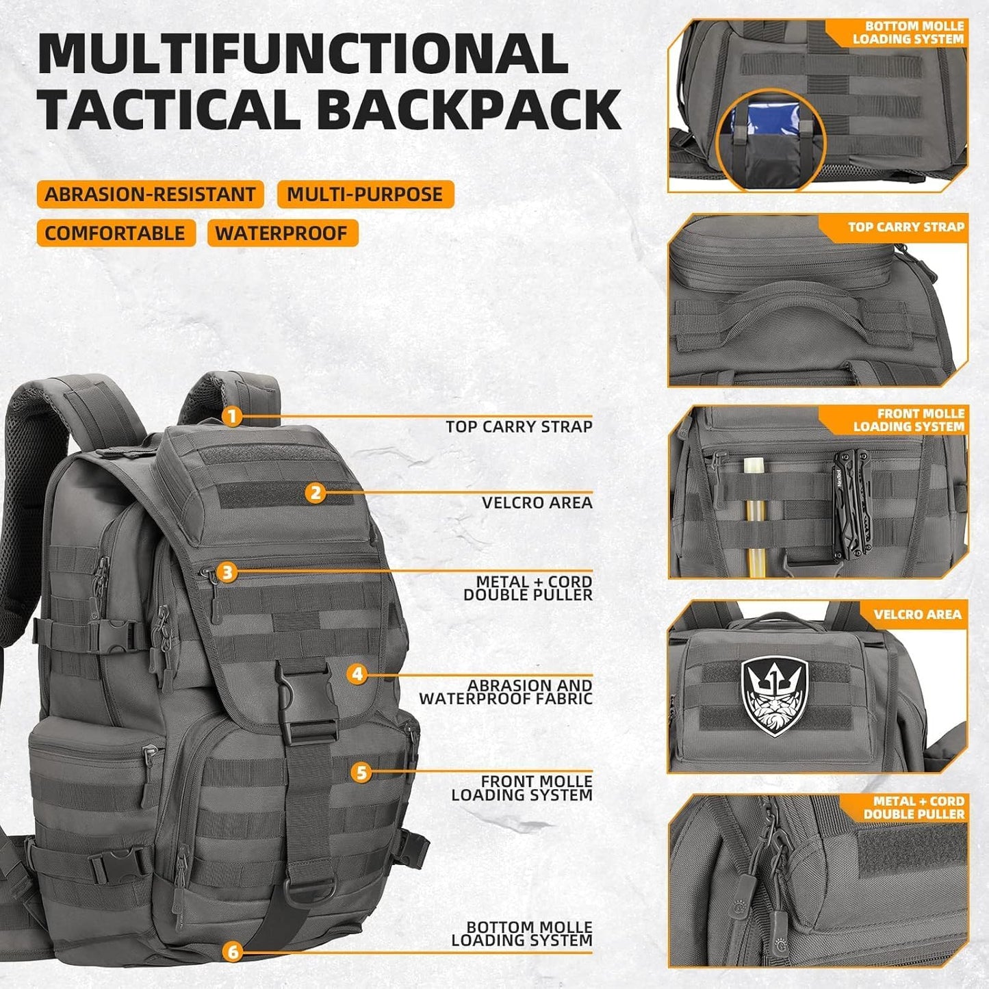 50L Military Tactical Backpack 3 Day Assault Pack Molle Daypack Hiking Backpack for Men and Women (Gray)