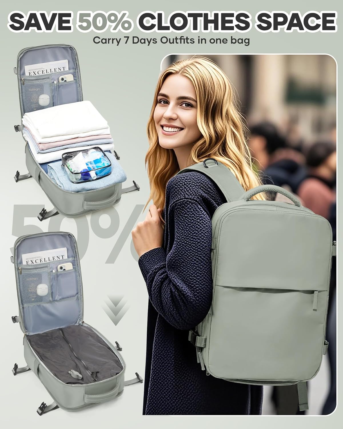 Vacuum Seal Travel Backpack with Air Pump,Compression Vacpack Waterproof Carry On Backpack for Travel Women Men with Vacuum System,Airlines Approved Daypack Laptop Space Saver Bags,GrassGreen