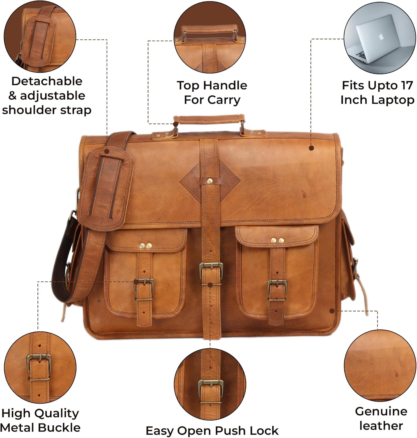 Vintage Leather Laptop Bag for Men Full Grain Large Leather Messenger bag for men 18 inches with