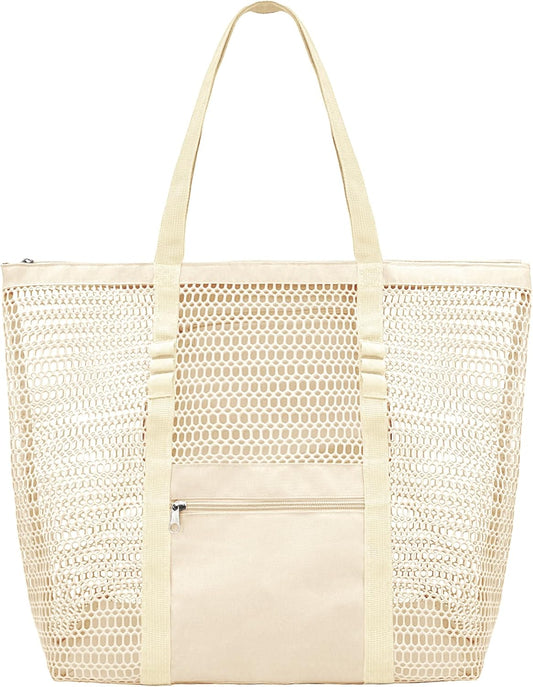 Mesh Beach Bags for Women with Zipper Foldable Hobo Tote Bag Vacation Shoulder Bags for Swimming Pools