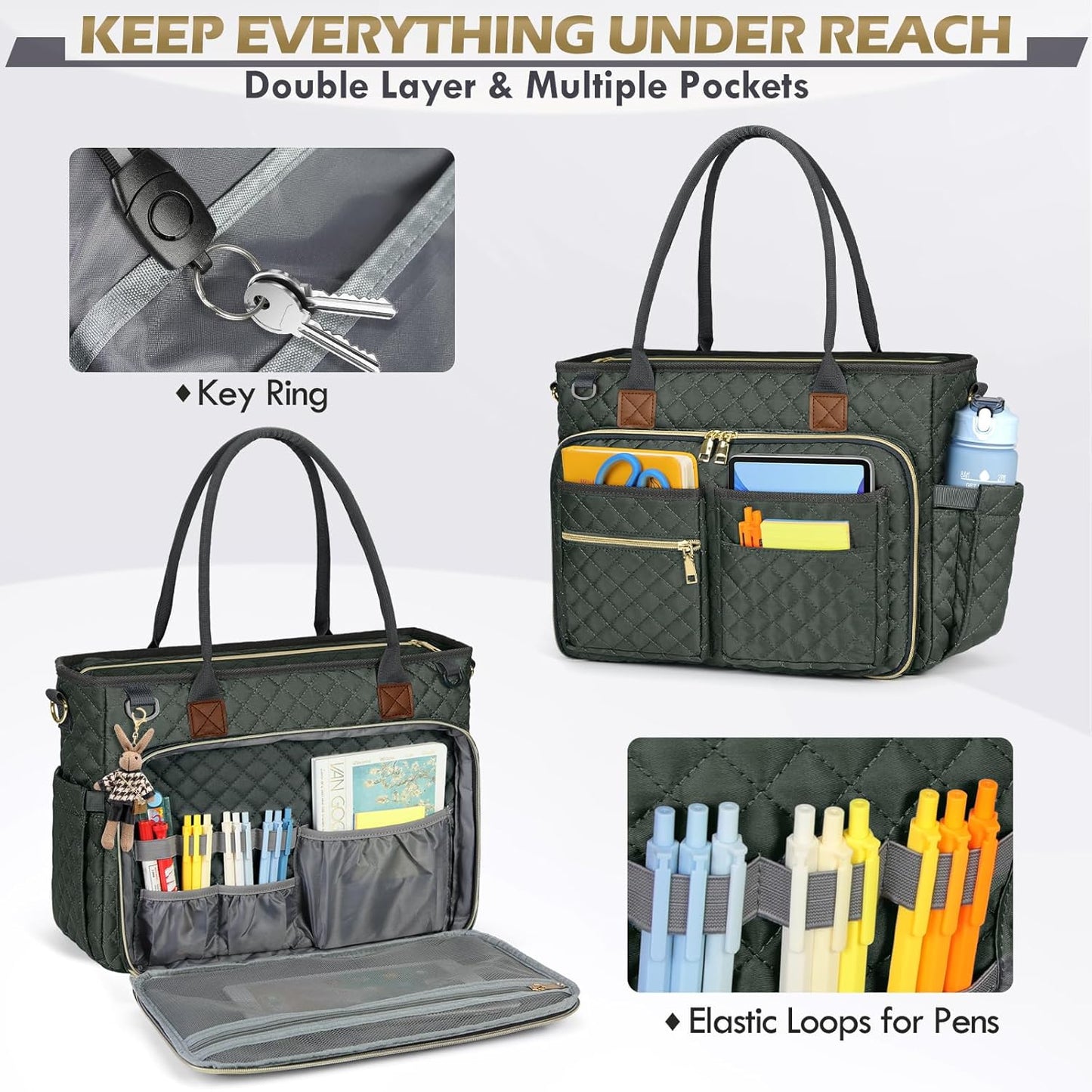 RAINSMORE Teacher Tote Bag 15.6 inch Laptop Bag for Women Work Bags Laptop Tote Nurse Bag Professional Computer Messenger with Insulated Pocket, Laptop Briefcase for Office, College, Nursing, Fog Blue