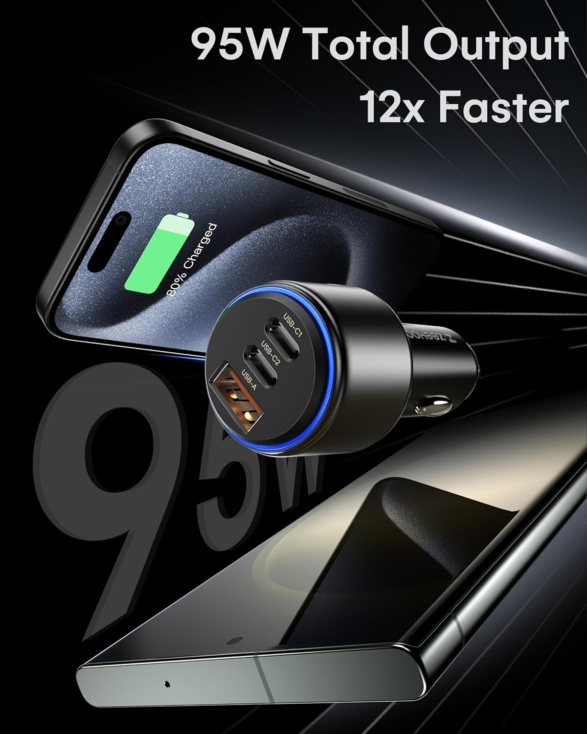ZEEHOO USB C Car Charger, 95W Fast Charger Adapter Compatible with iPhone 15 Pro Max Plus 14 13 12 Samsung Galaxy S23/22 etc