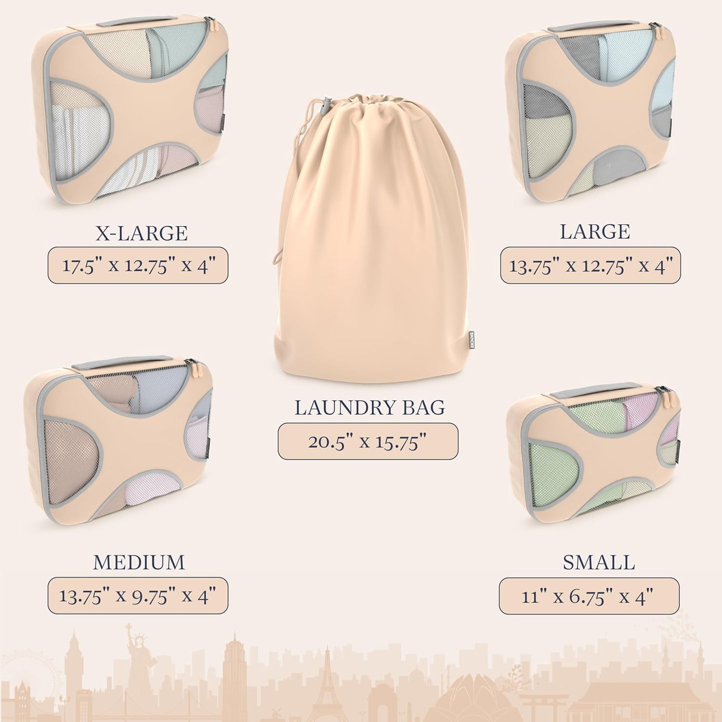 Shacke Premium 5 Packing Cubes Set - Lightweight Mesh Travel Luggage Organizers with Laundry Bag, 5-Piece Suitcase Storage System (Nude Beige)
