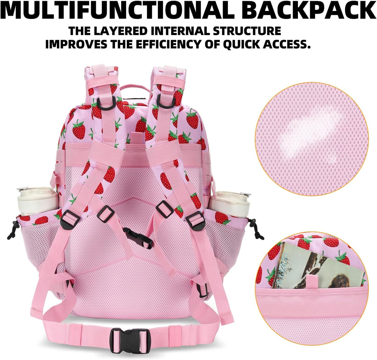 25L Tactical Military Backpack Small Travel Rucksack for Men and Women Assault Pack Bug Out Bag Molle Daypack Gym Backpack with Bottle Holder (Strawberry)