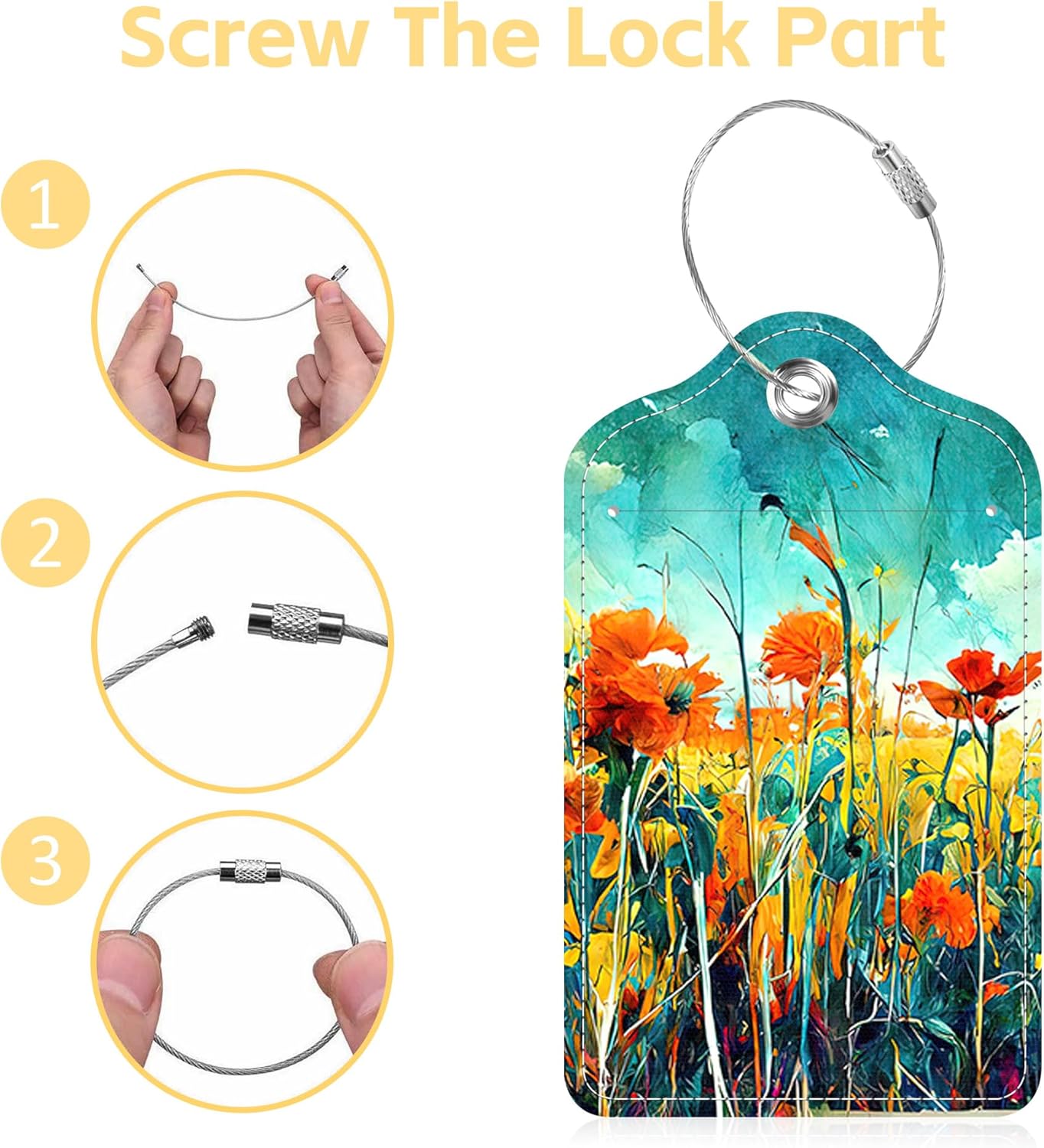 Watercolor Flowers Acrylic Drawing Luggage Tags 2PCS PU Leather Suitcases Tag with Stainless Steel Loop and Privacy Name Address Cover Label Card for Women Men Travel