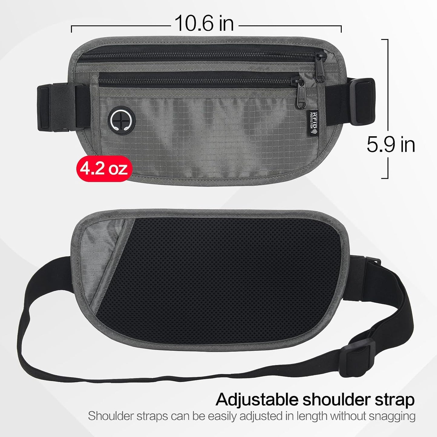 Slim RFID Blocking Money Belt for Travel - Anti-Theft Hidden Passport Holder Waist Wallet with Secure Pouch for Cash, Credit Cards & Phone Safe (Grey)