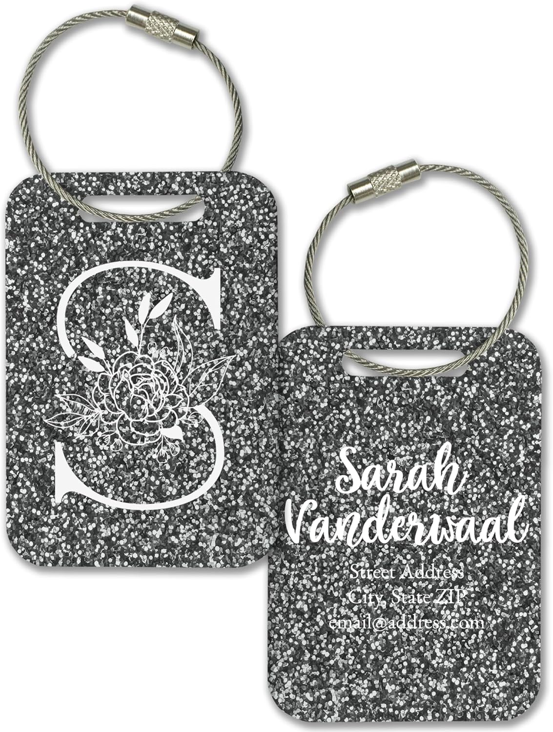 Personalized Monogram Name Tag for Luggage (3 or 6 Count Pack) | Custom Tag for Suitcase | Acrylic Name Tag for Travel | Choose Your Font & Color | Backpack ID Label (Monogram, Silver Glitter)