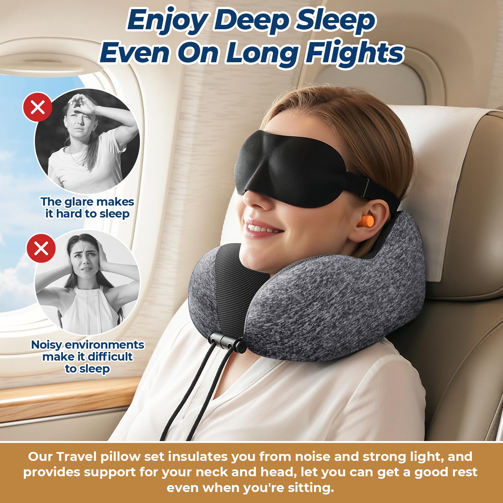 ExploreBliss Travel Pillow, Memory Foam Neck Pillow Airplane, Grey