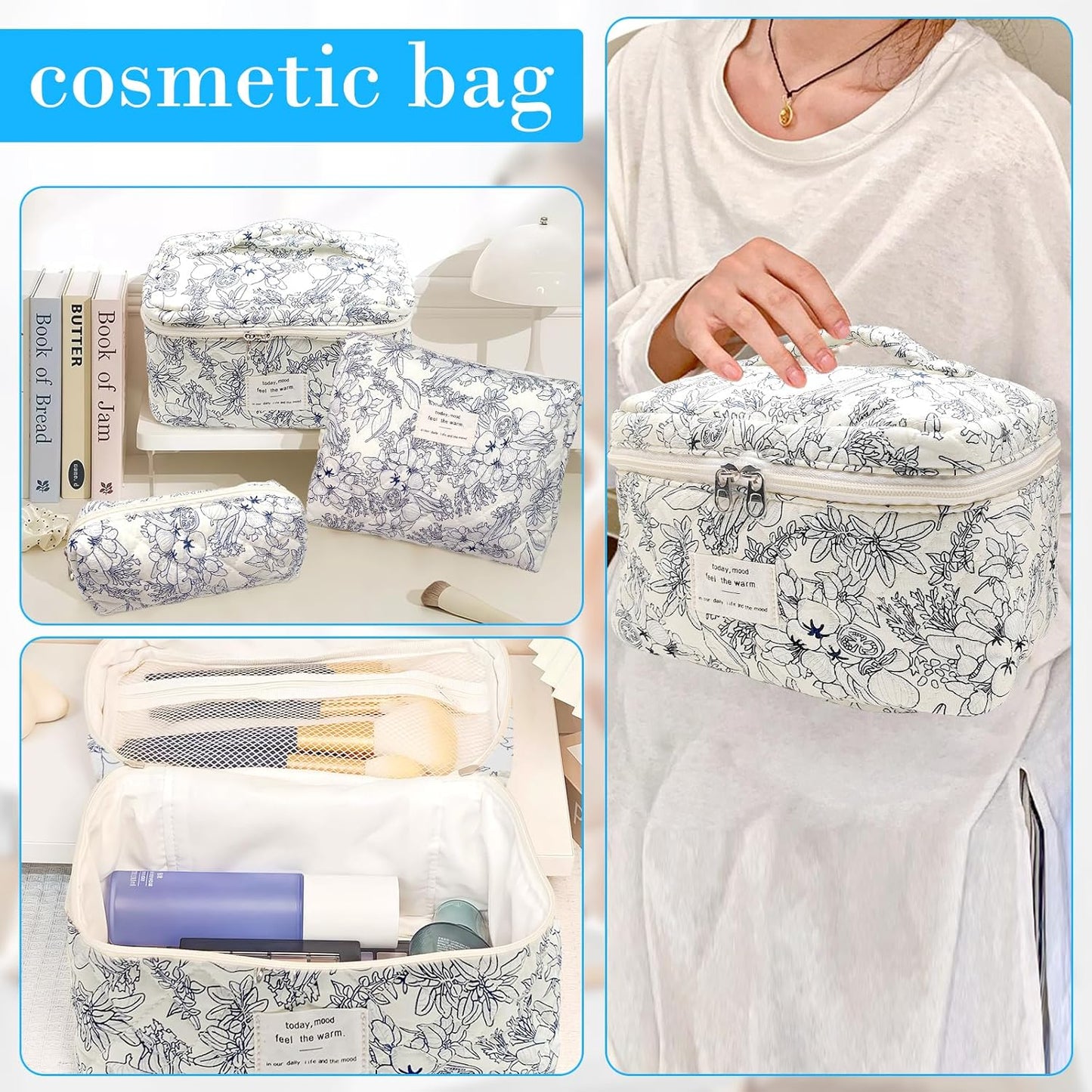 Quilted Makeup Bag, Large Capacity Travel Cosmetic Bag for Women and Girls, Aesthetic Storage for Daily and Travel Use (3pcs-BlackFloral)