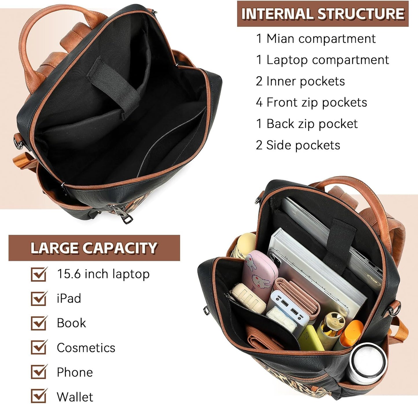 Vegan Leather Laptop Backpack for Women 15.6 Inch Work Backpack Purse for Travel College