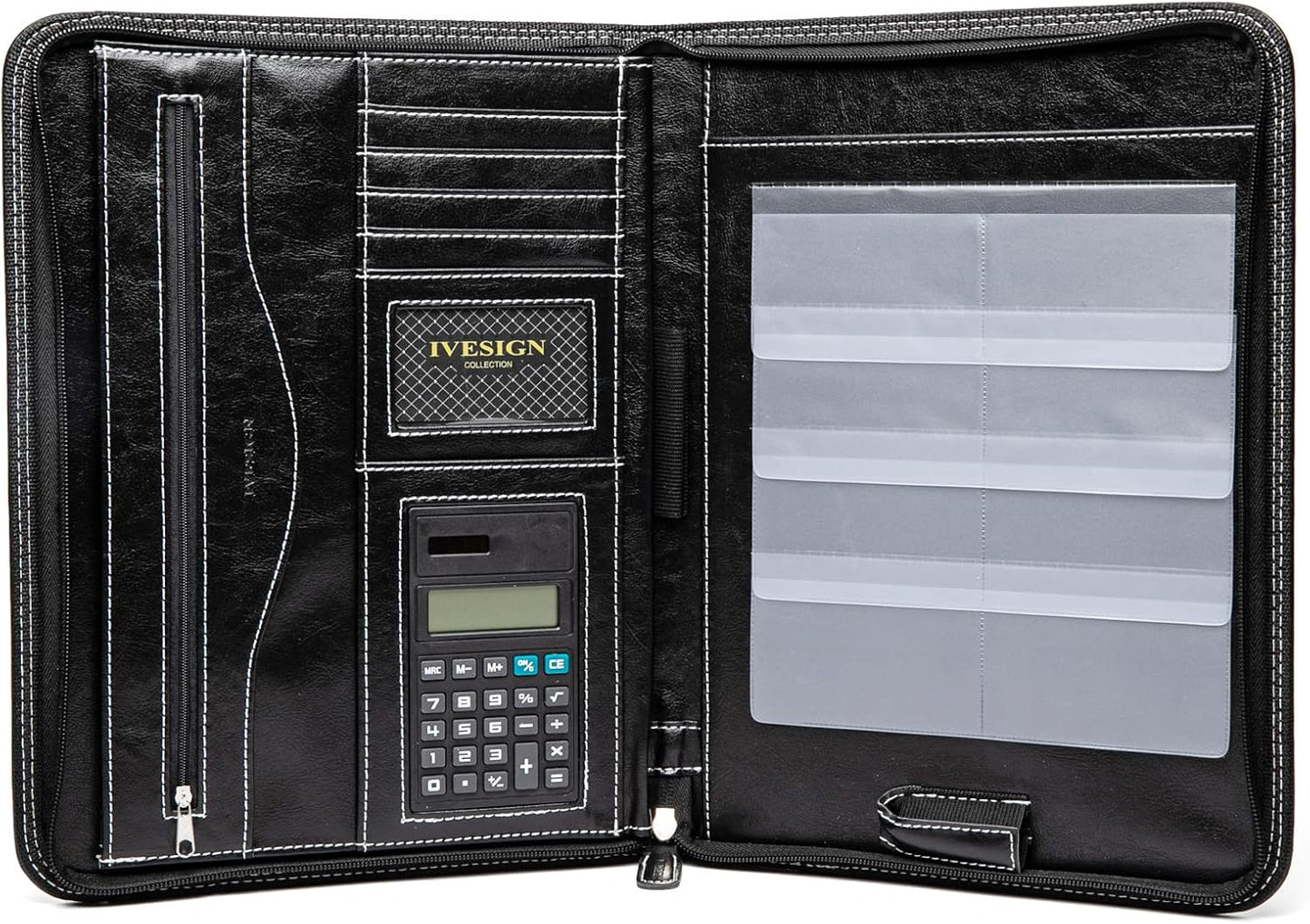 IVESIGN Faux Leather Portfolio Padfolio Organizer with Calculator, Writing Pad, Zipper Closure, Tablet Sleeve, Clipboard with Storage, Document Organizer, Business Card Holder, Note Pads-Black