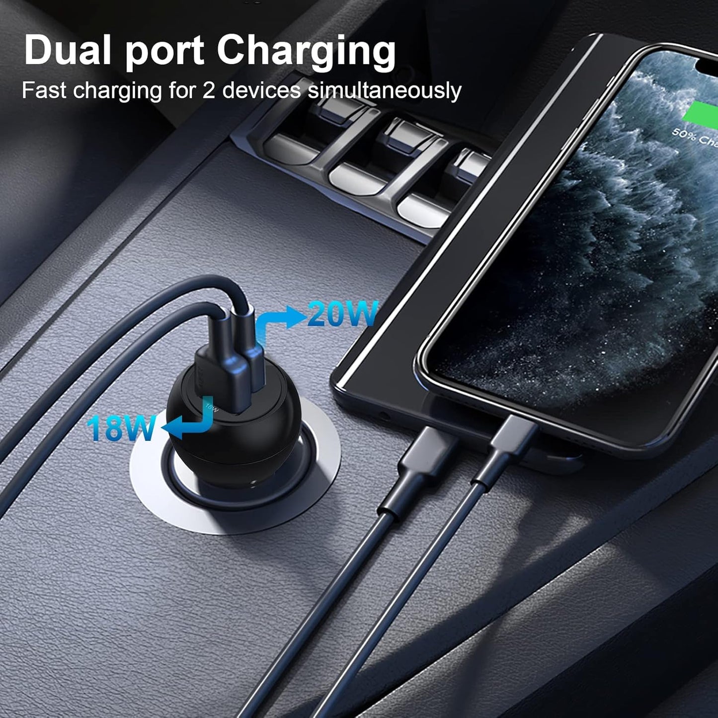 USB C Car Plug Fast Charging Adapter, 38W 2 Port Multi Port Car Charger, PD 20W & QC 18W Cigarette Lighter Adapter for iPhone 14/13/12, iPad Air/Pro, S20/S10, Note 21/20