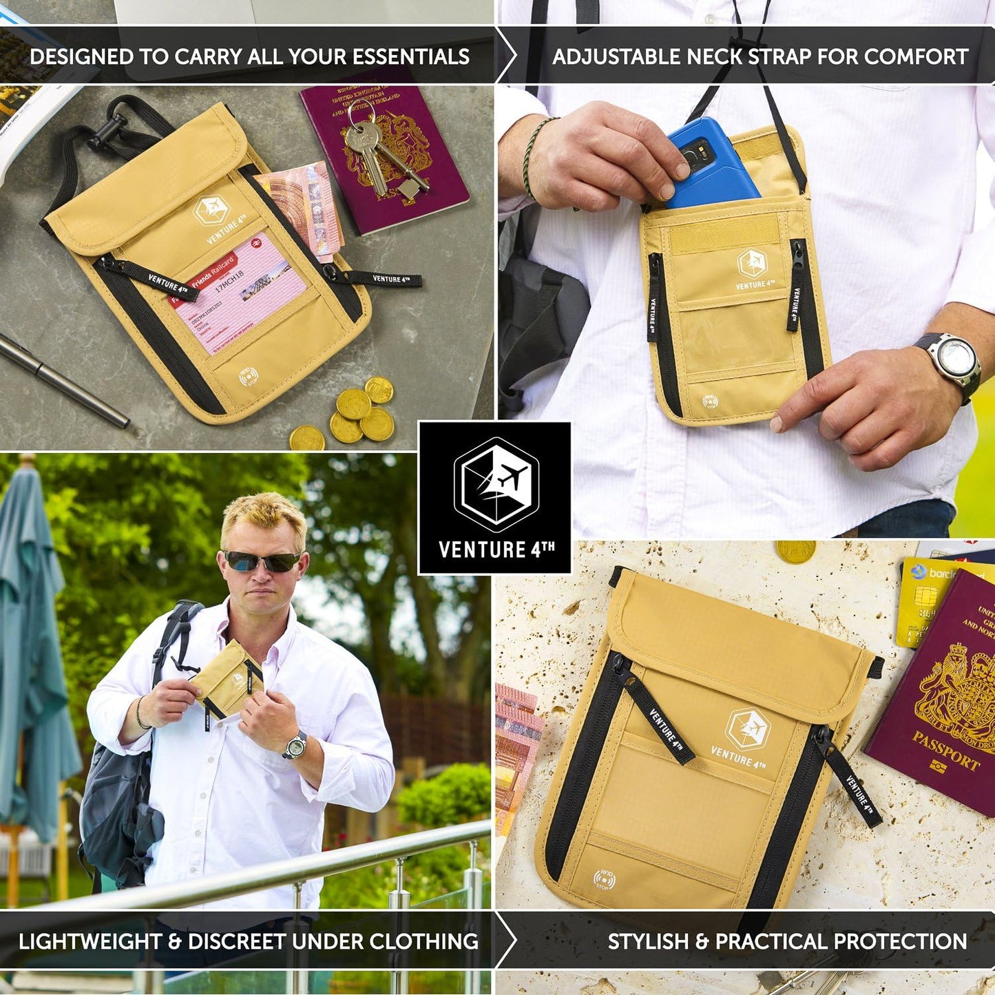 VENTURE 4TH Neck Wallet, RFID Blocking Passport Holder for Travel – Hidden Neck Pouch with 6 Compartments, Slim Lightweight Organizer with Adjustable Strap for Cash, Cards & Passport (Beige)
