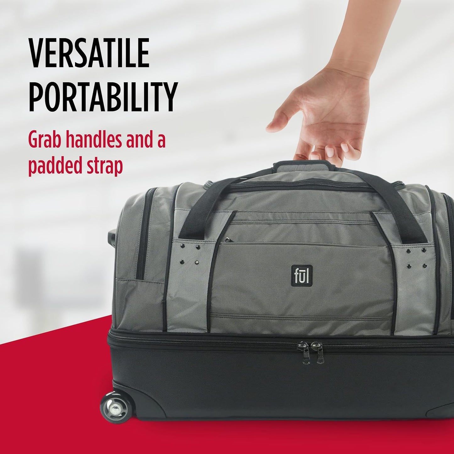 FUL Workhorse 30 Inch Rolling Duffel Bag, Checked Travel Luggage with Hardshell Base and Wheels