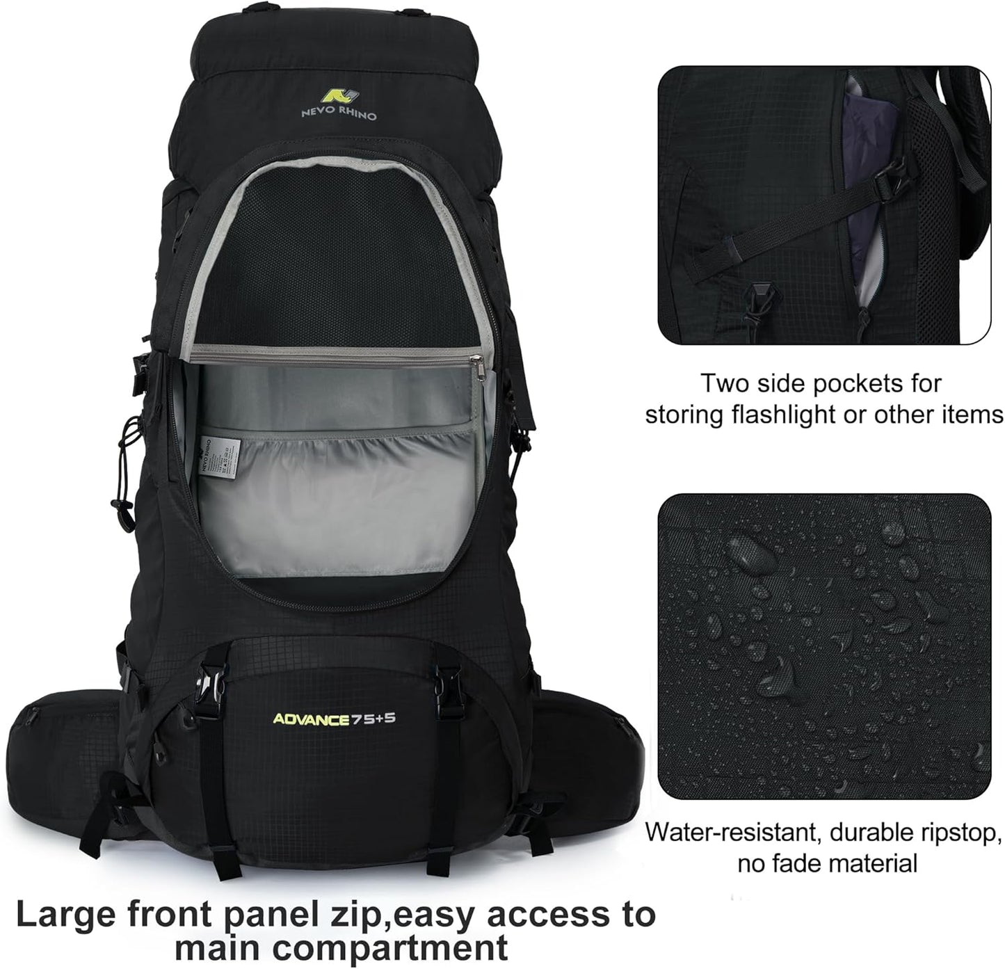 N NEVO RHINO Internal Frame Hiking Backpack 50/60/65/70/80L, Mountain Climbing Camping Backpack Daypack Waterproof Rain Cover