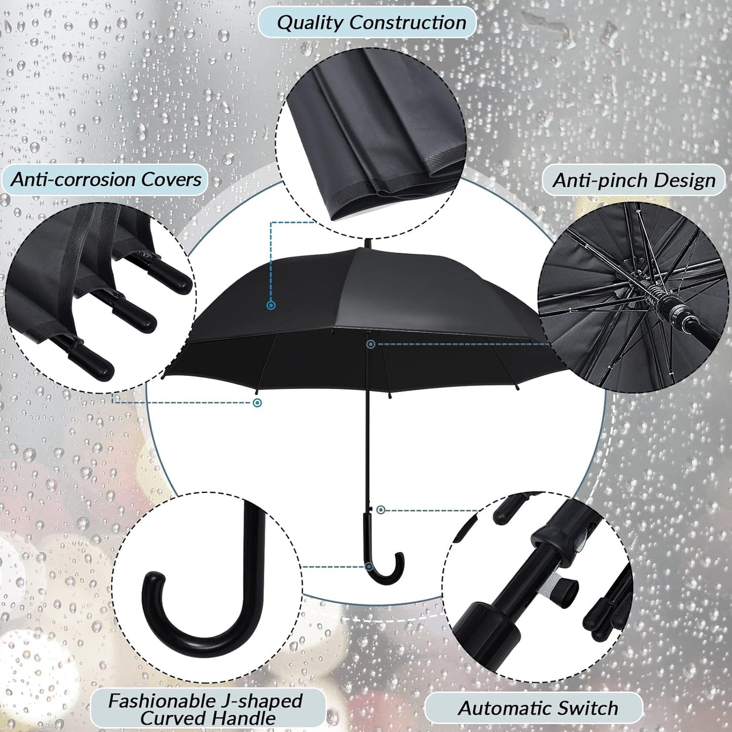 Reginary Black Umbrella Bulk Wedding Stick Umbrellas Large Canopy Windproof Rain Auto Open J Hook Handle for Adult