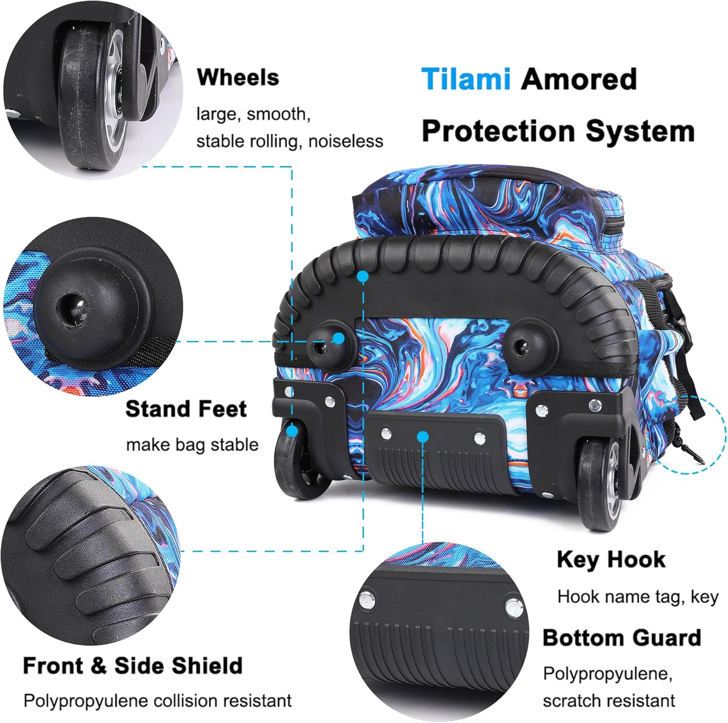 Tilami Rolling Backpack 19 inch with Lunchbox Wheeled Laptop Backpack, Painting Blue